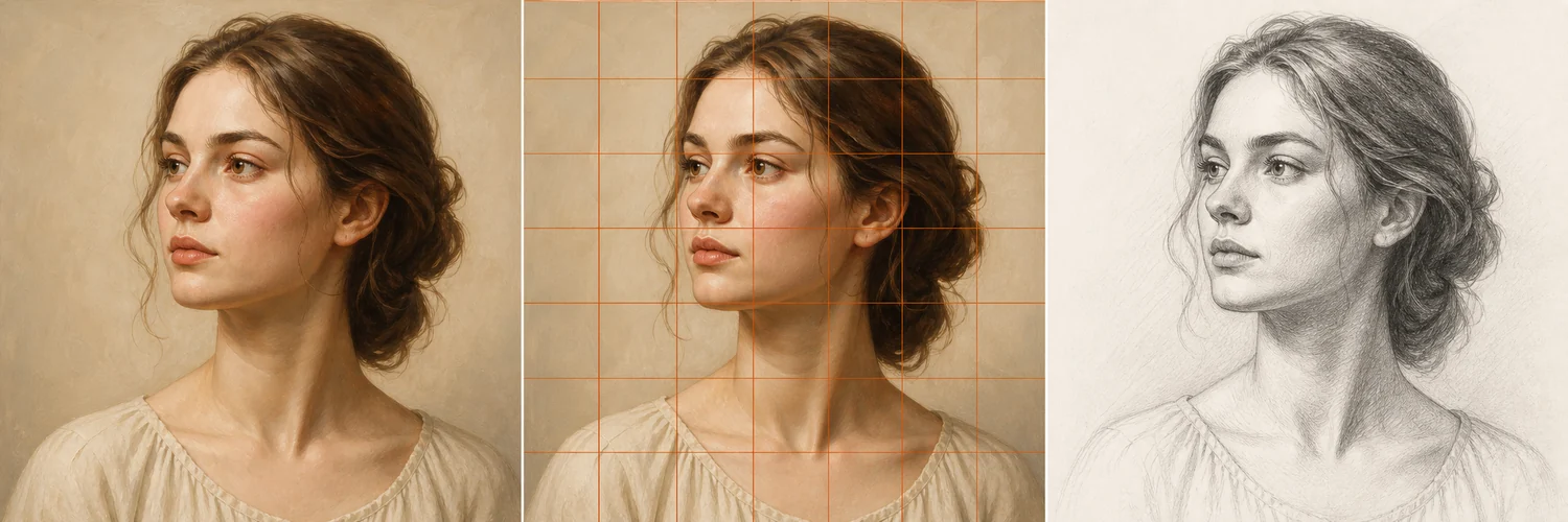 Illustrative portrait comparison: color reference, grid overlay and a graphite-style study