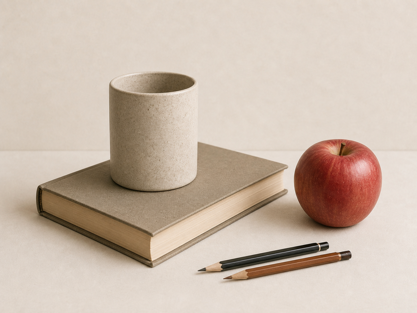 Cup, book, and apple reference for simple still life construction