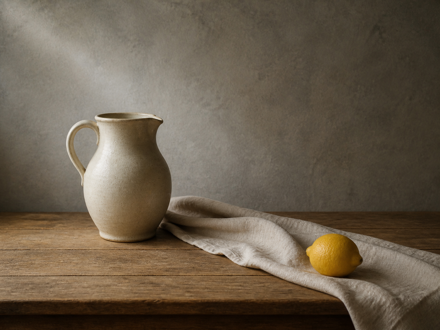 Pitcher, linen, and lemon still life arranged around rule-of-thirds intersections