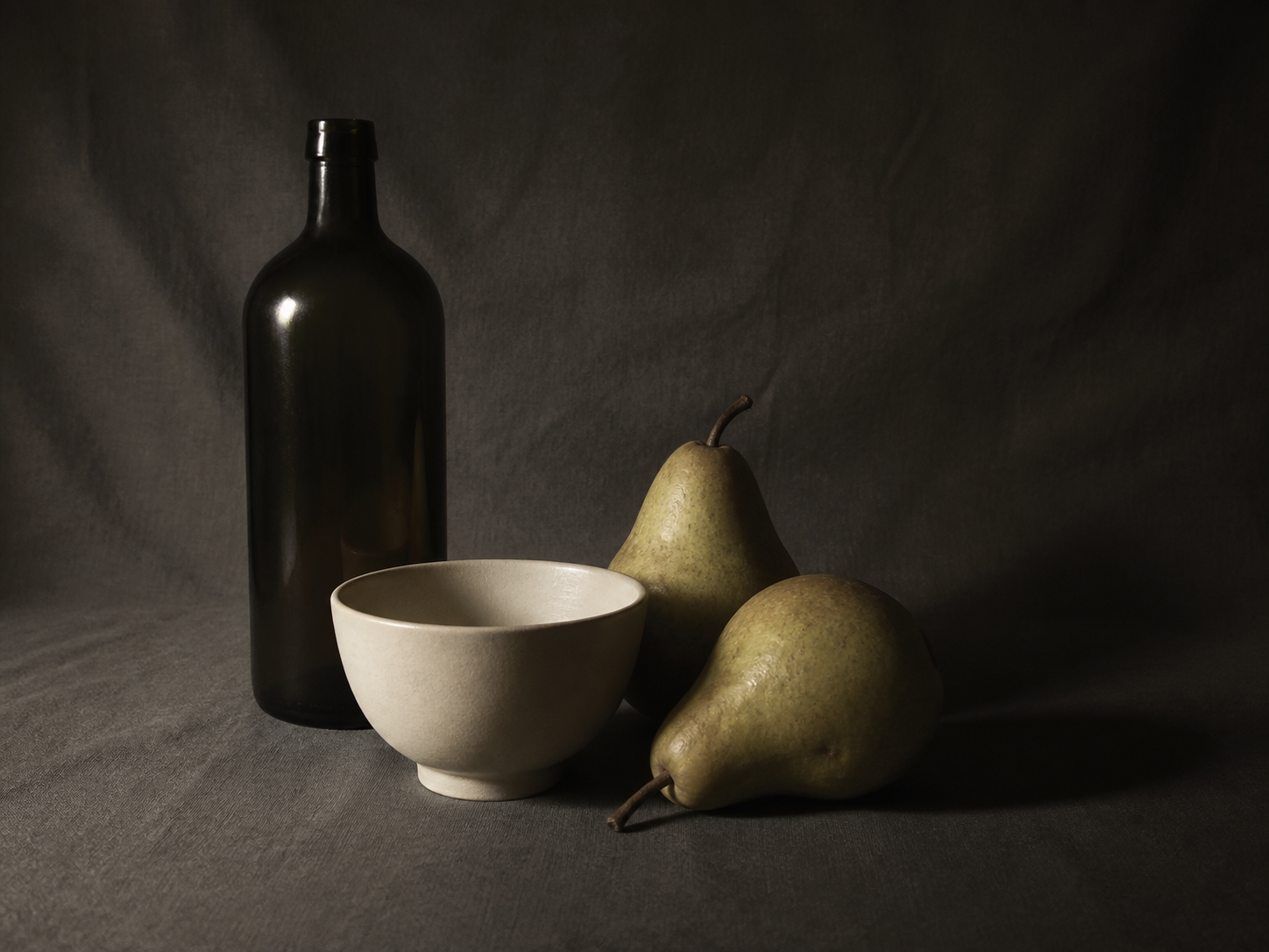 Bottle bowl and pears lit for a three-value drawing study