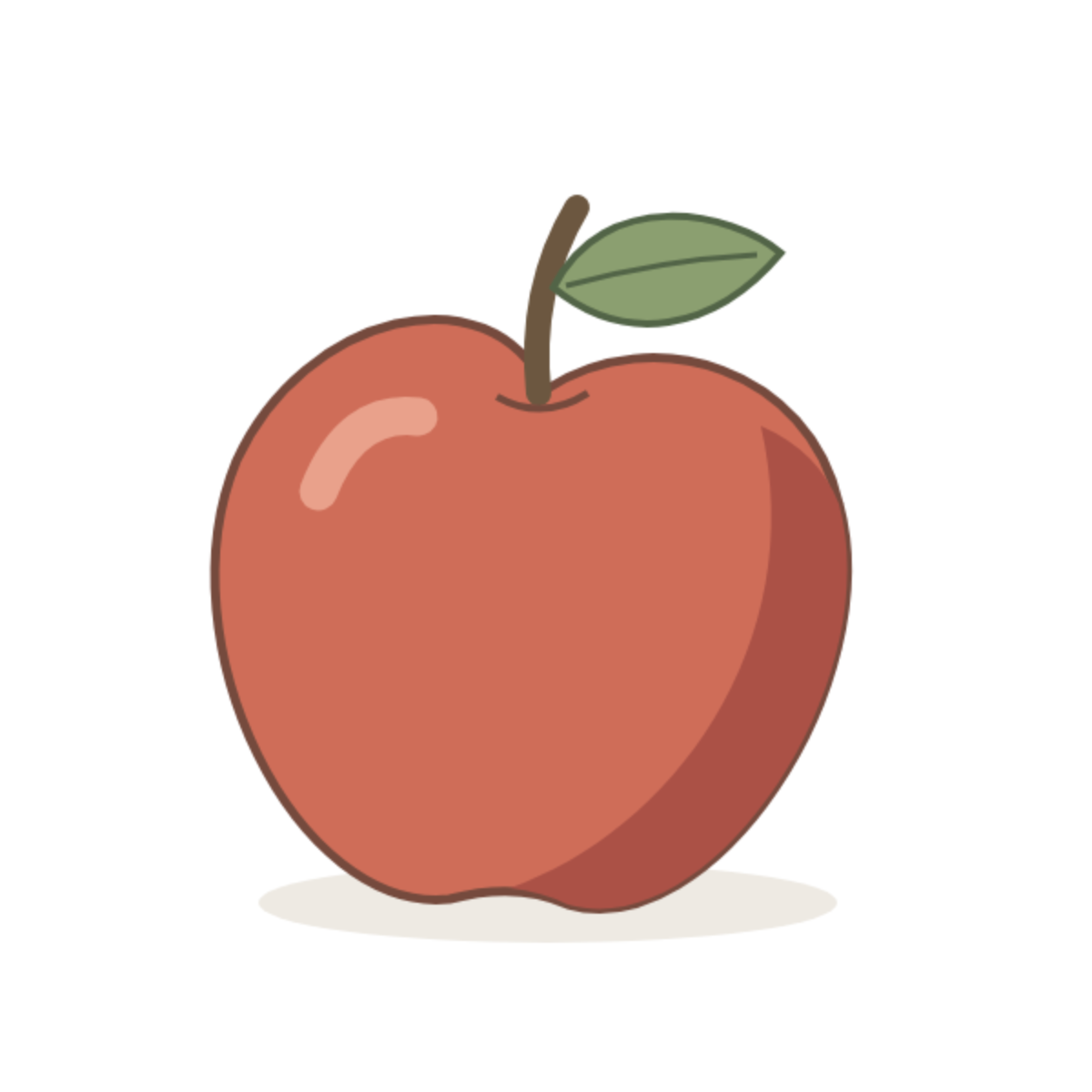 Original illustration of a red apple with an uneven silhouette, brown stem and one green leaf