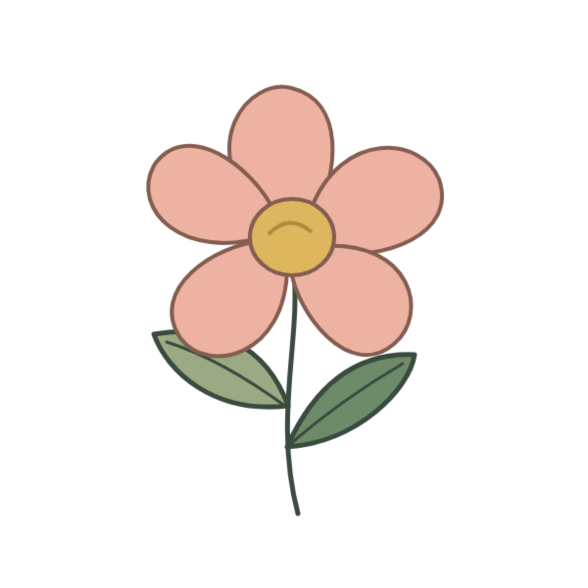 Original illustration of a coral five-petal flower with a yellow center and two green leaves, on a white background