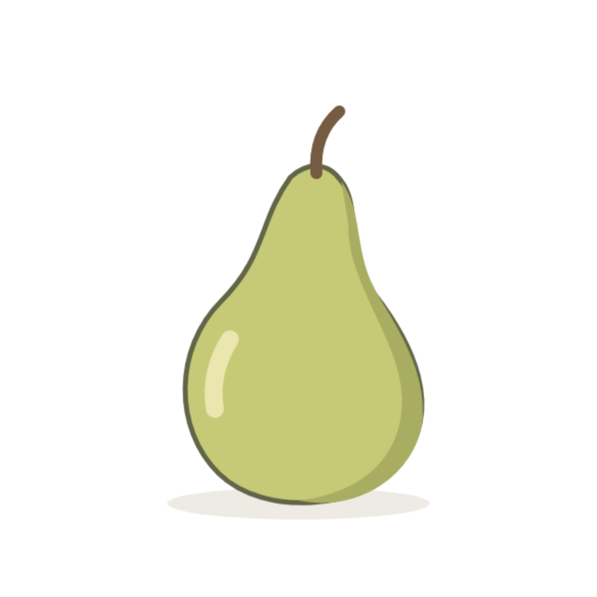 Original illustration of a yellow-green pear with a narrow tilted neck, broad base and short brown stem