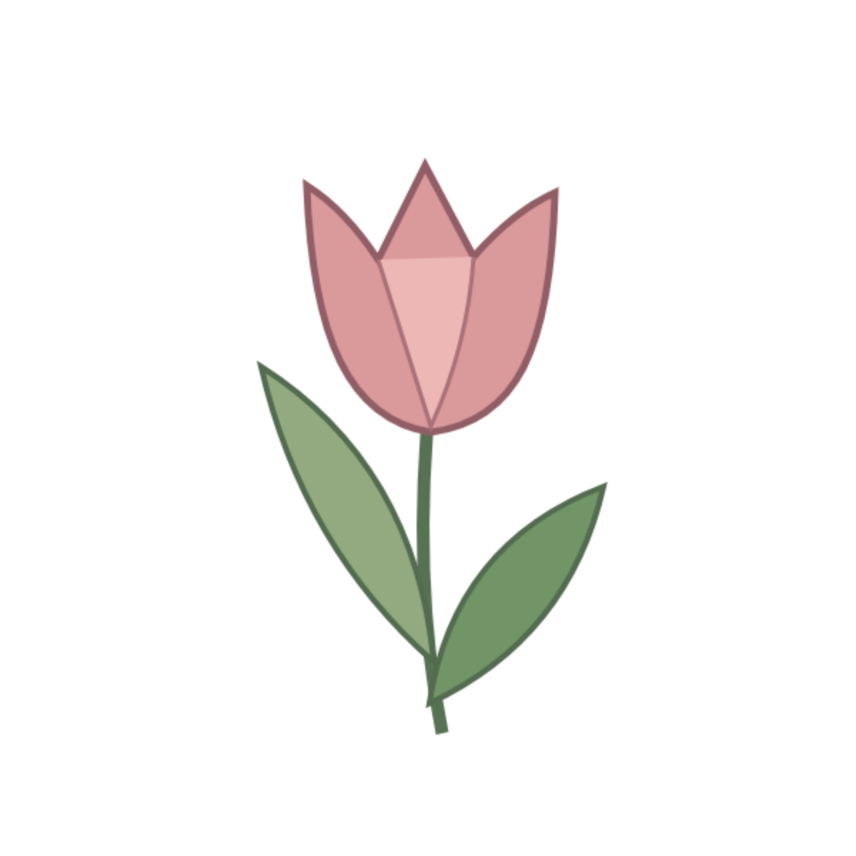 Original illustration of a pink cup-shaped tulip above a slender green stem and two long asymmetric leaves