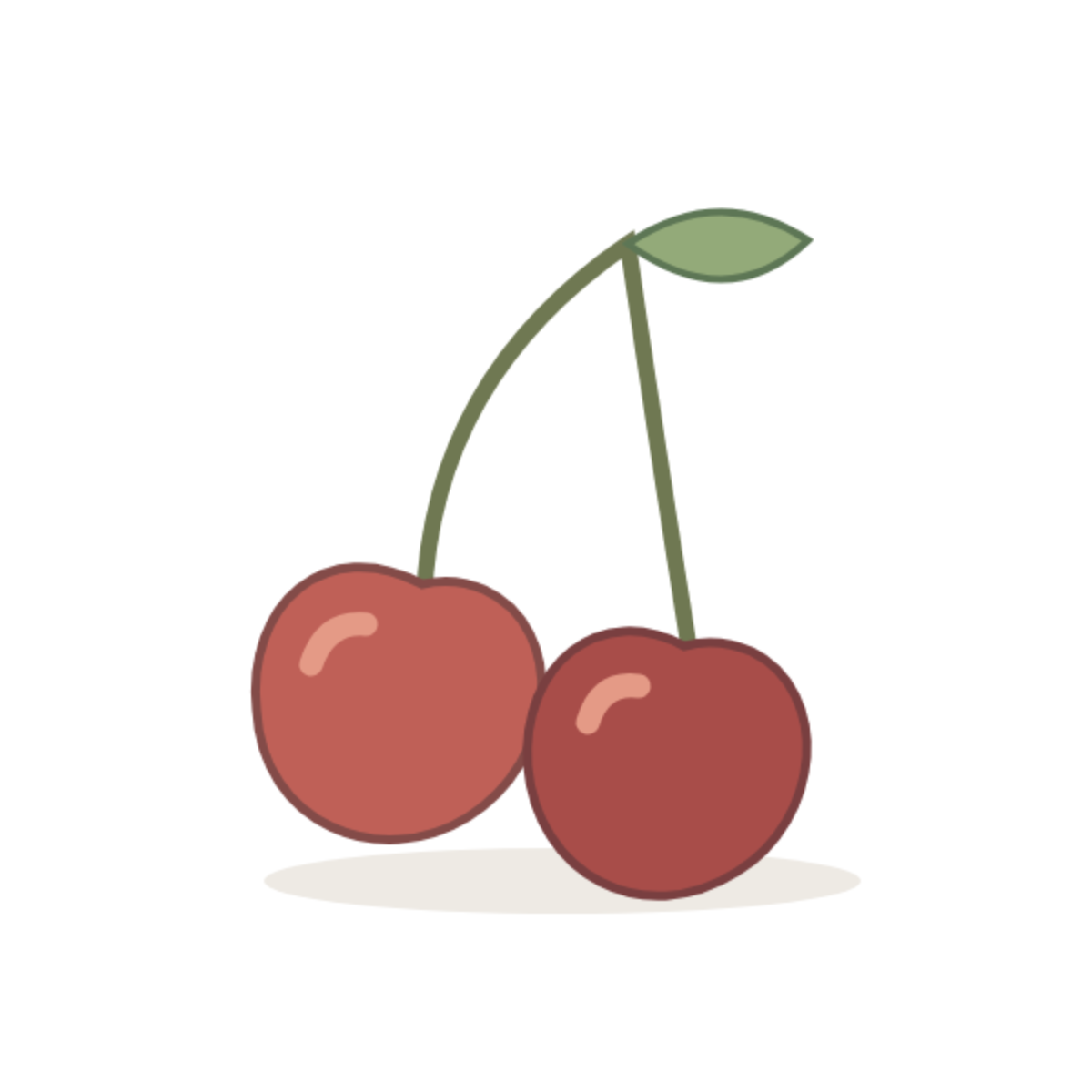 Original illustration of two red cherries at different heights with curved stems meeting above them